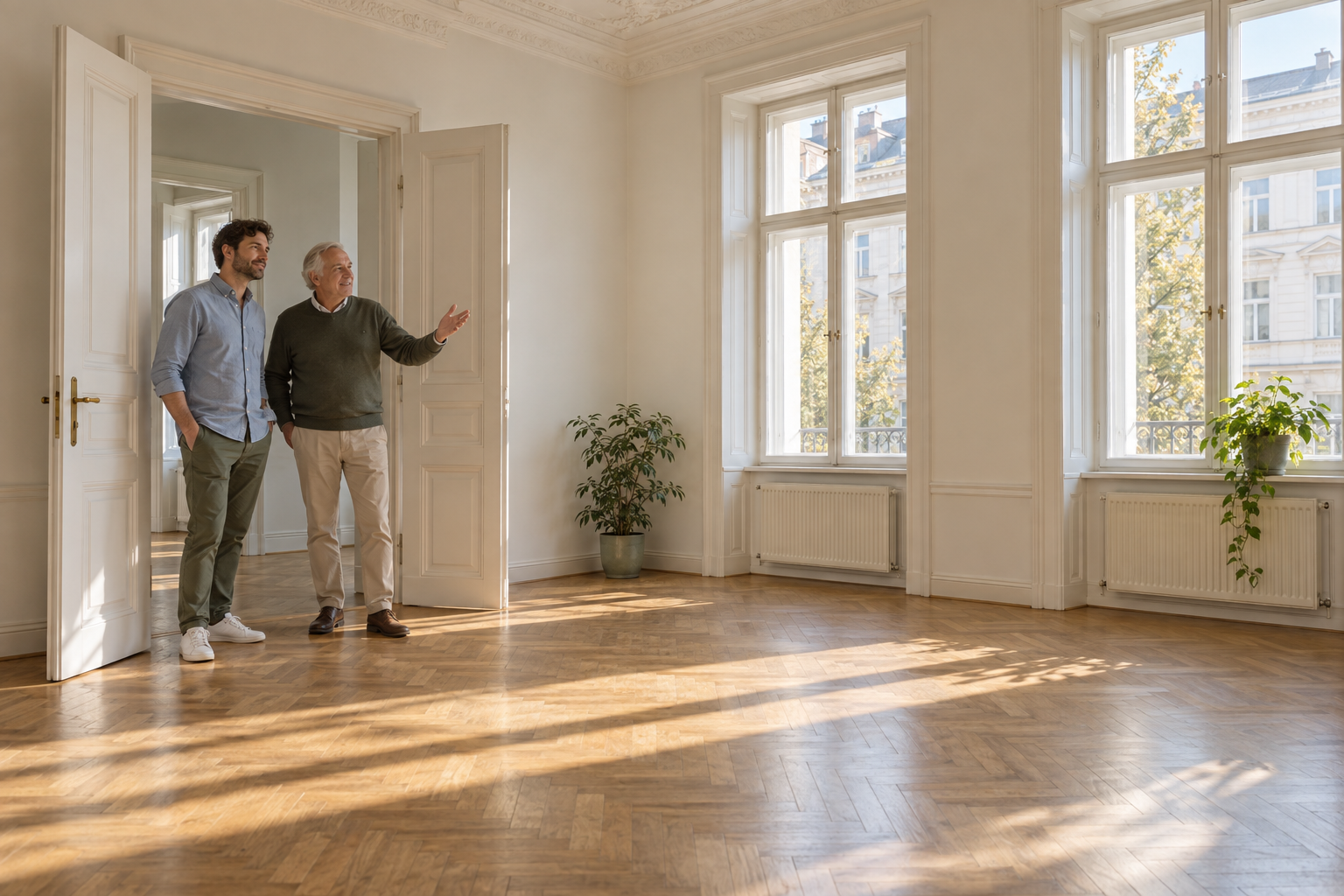 Vater und erwachsener Sohn betrachten eine helle Wiener Wohnung